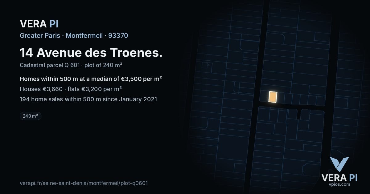 14 Avenue des Troenes, Montfermeil at night – the plot lit, the parcels around coloured by the prices near them