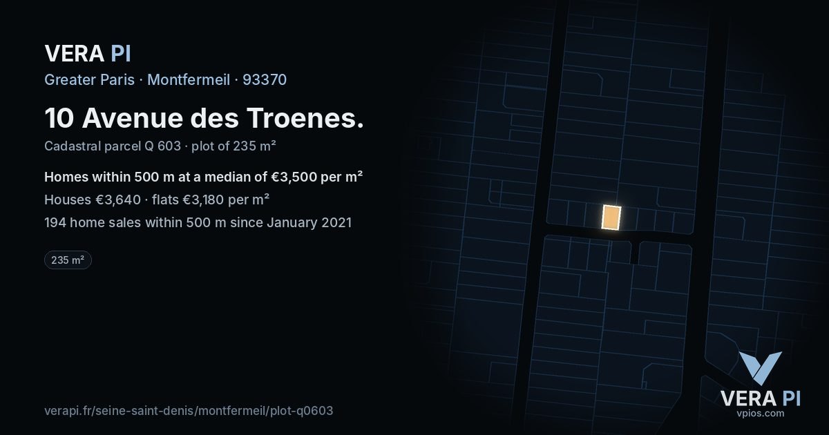 10 Avenue des Troenes, Montfermeil at night – the plot lit, the parcels around coloured by the prices near them