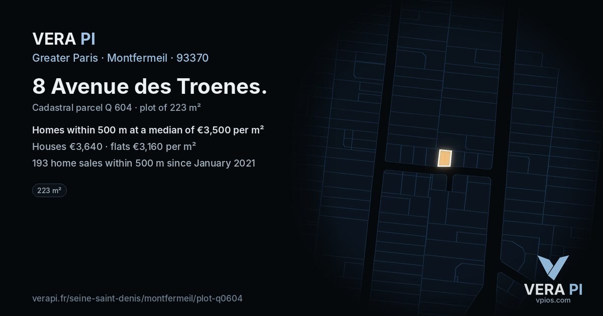 8 Avenue des Troenes, Montfermeil at night – the plot lit, the parcels around coloured by the prices near them