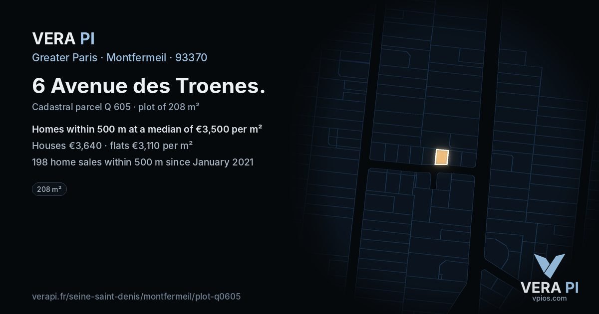 6 Avenue des Troenes, Montfermeil at night – the plot lit, the parcels around coloured by the prices near them