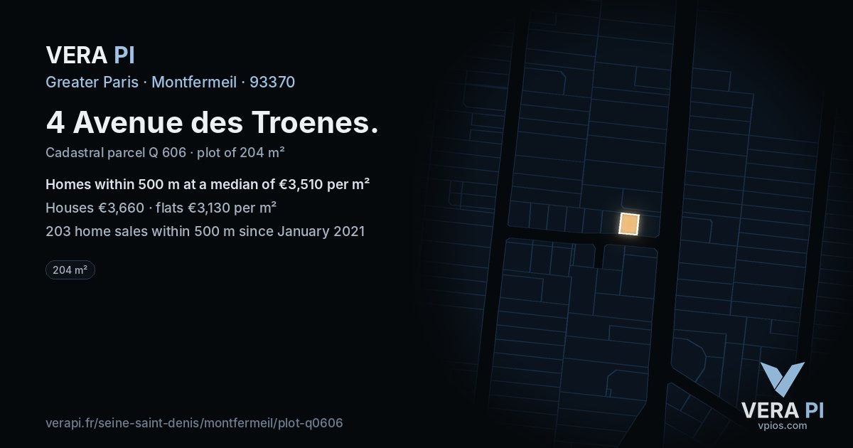 4 Avenue des Troenes, Montfermeil at night – the plot lit, the parcels around coloured by the prices near them