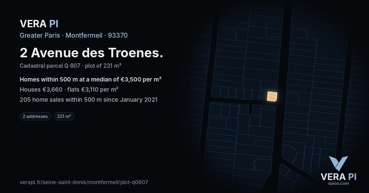 2 Avenue des Troenes, Montfermeil at night – the plot lit, the parcels around coloured by the prices near them