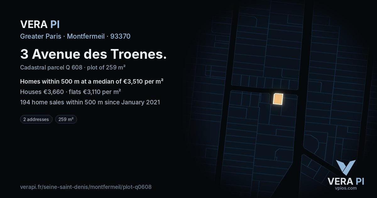 3 Avenue des Troenes, Montfermeil at night – the plot lit, the parcels around coloured by the prices near them