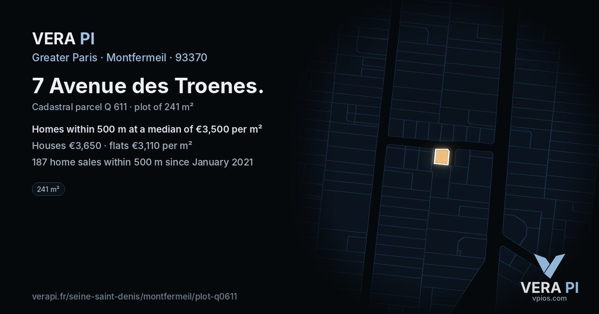 7 Avenue des Troenes, Montfermeil at night – the plot lit, the parcels around coloured by the prices near them