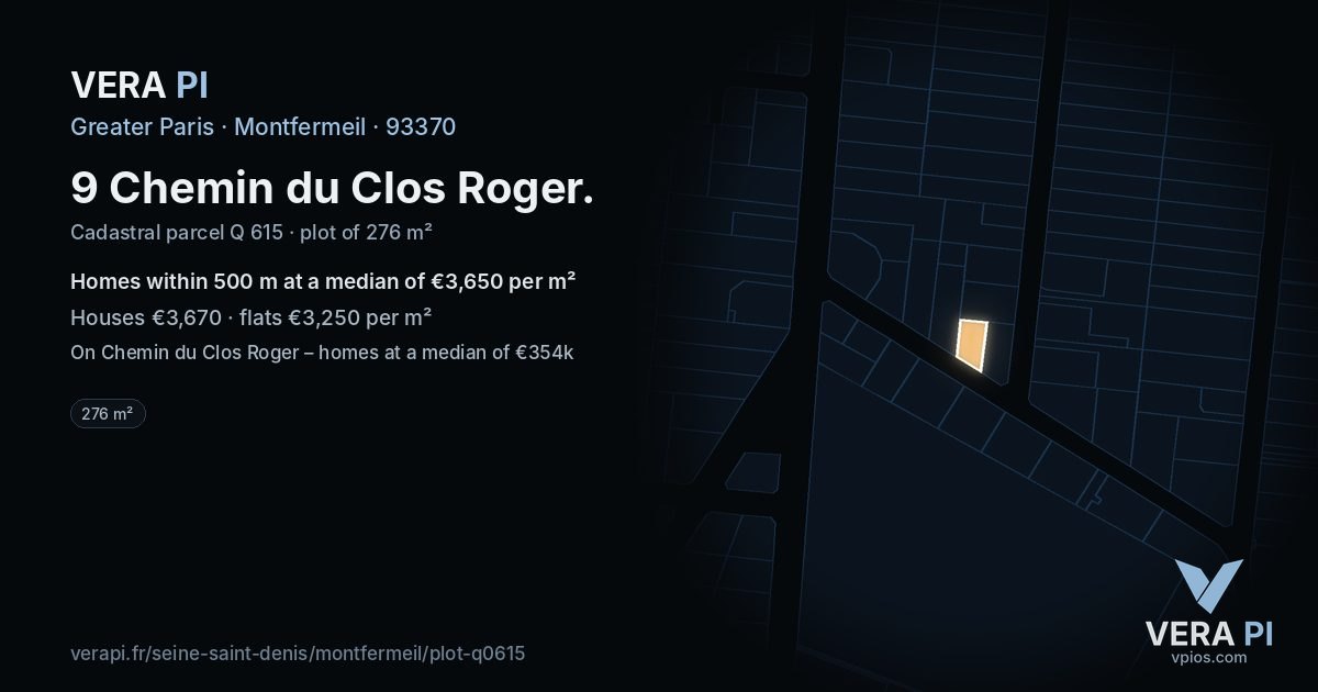 9 Chemin du Clos Roger, Montfermeil at night – the plot lit, the parcels around coloured by the prices near them