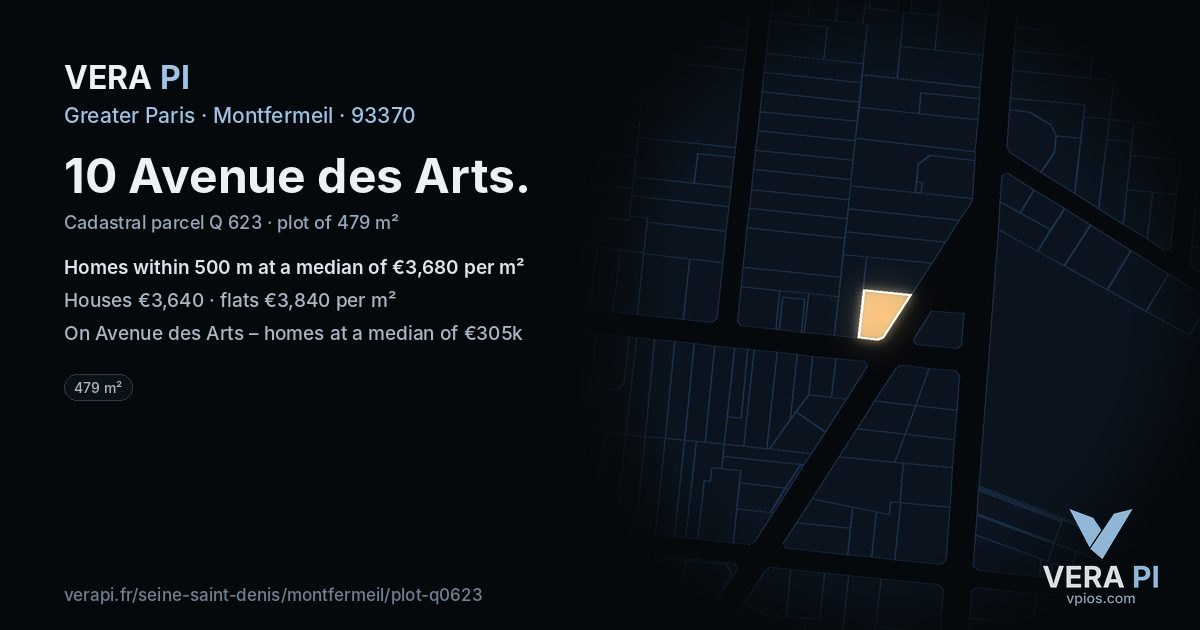 10 Avenue des Arts, Montfermeil at night – the plot lit, the parcels around coloured by the prices near them