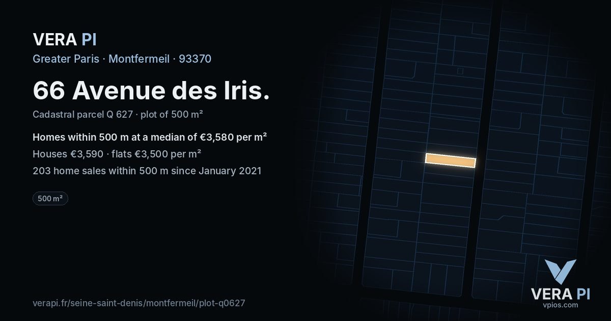 66 Avenue des Iris, Montfermeil at night – the plot lit, the parcels around coloured by the prices near them