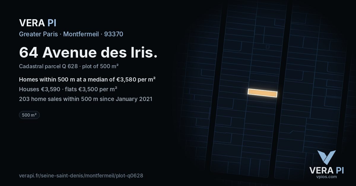 64 Avenue des Iris, Montfermeil at night – the plot lit, the parcels around coloured by the prices near them