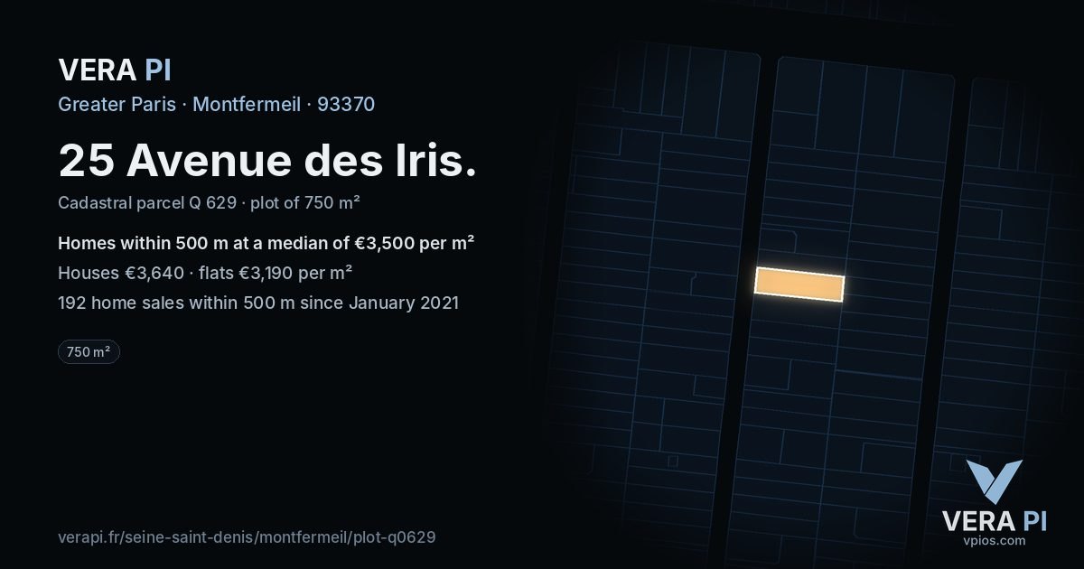 25 Avenue des Iris, Montfermeil at night – the plot lit, the parcels around coloured by the prices near them