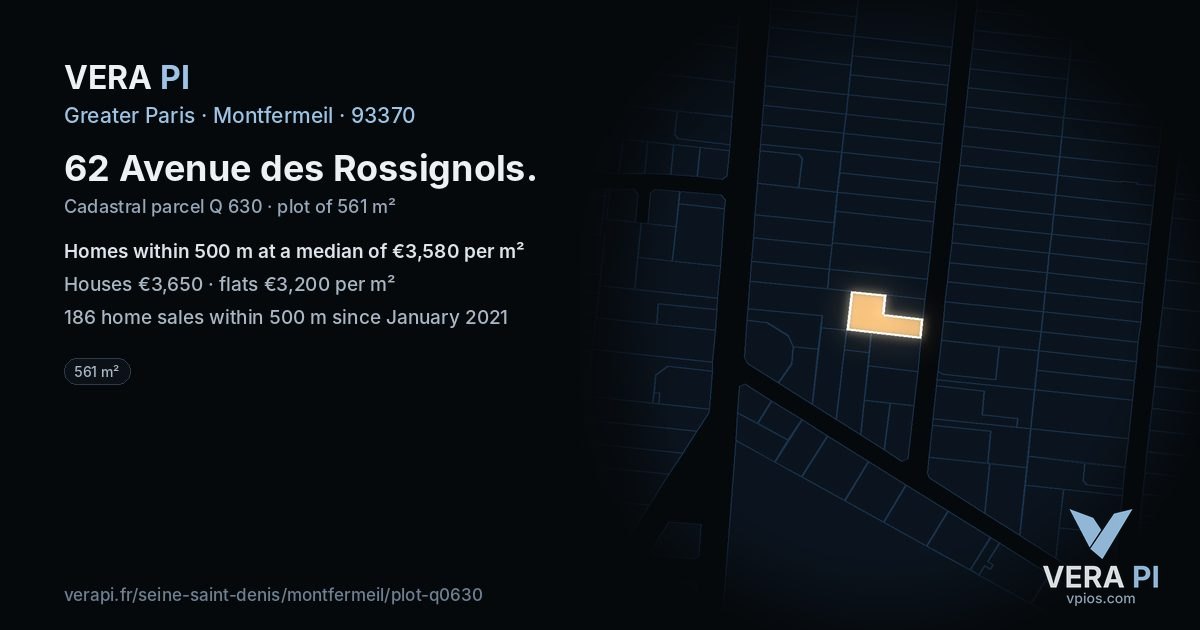 62 Avenue des Rossignols, Montfermeil at night – the plot lit, the parcels around coloured by the prices near them