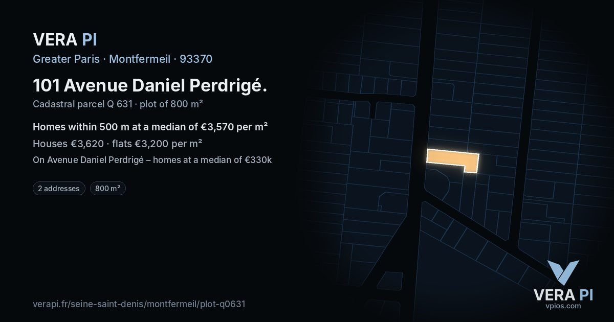 101 Avenue Daniel Perdrigé, Montfermeil at night – the plot lit, the parcels around coloured by the prices near them