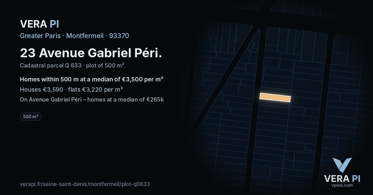 23 Avenue Gabriel Péri, Montfermeil at night – the plot lit, the parcels around coloured by the prices near them