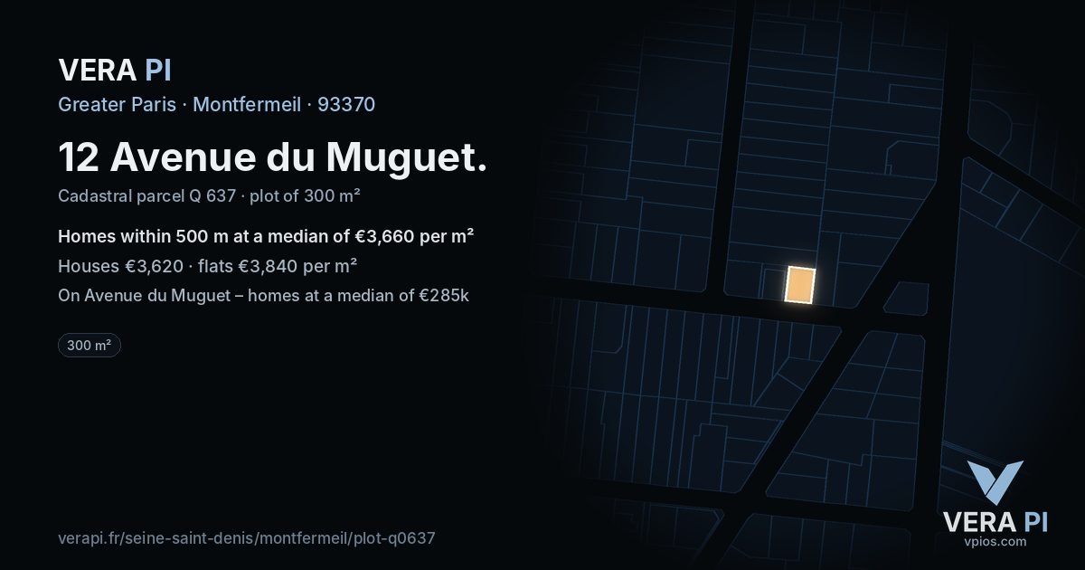 12 Avenue du Muguet, Montfermeil at night – the plot lit, the parcels around coloured by the prices near them