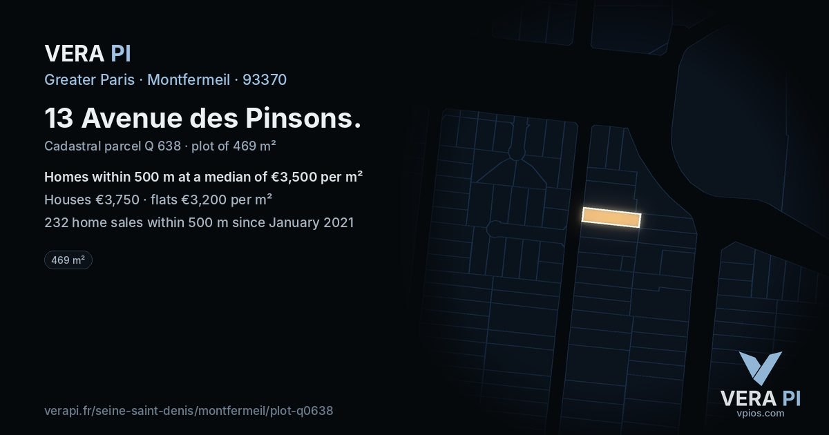 13 Avenue des Pinsons, Montfermeil at night – the plot lit, the parcels around coloured by the prices near them