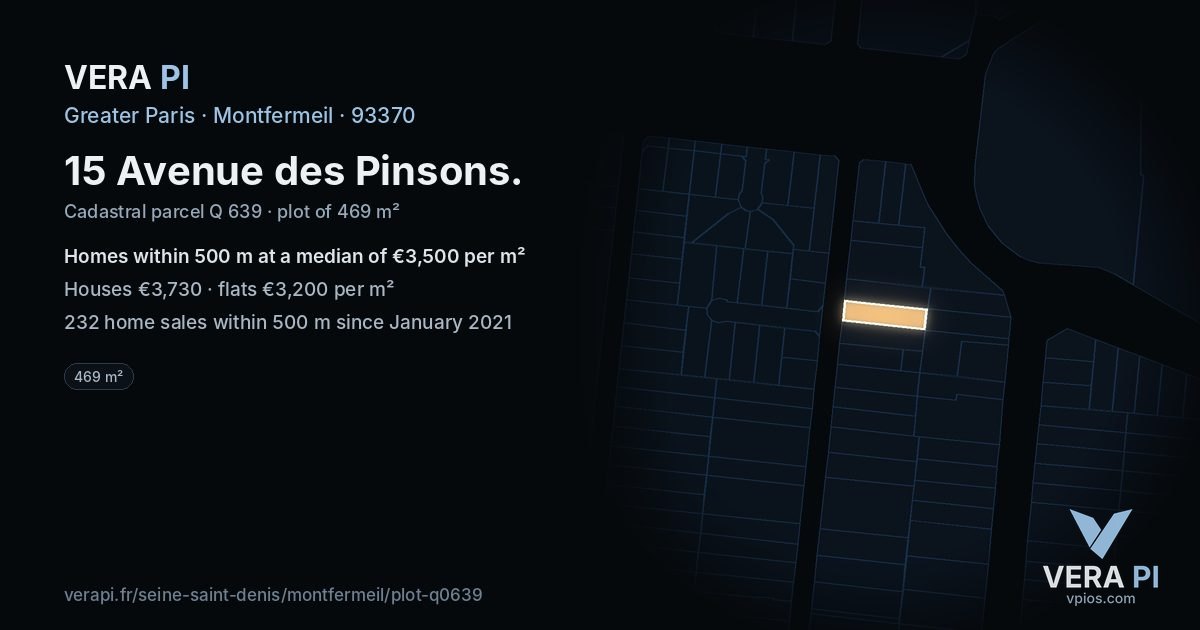15 Avenue des Pinsons, Montfermeil at night – the plot lit, the parcels around coloured by the prices near them