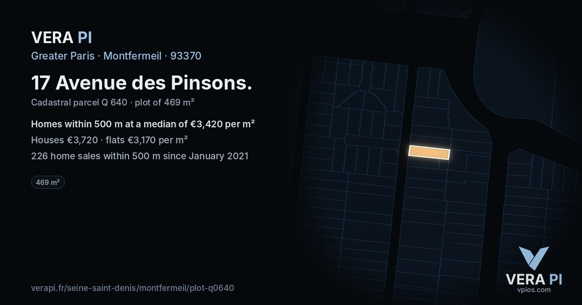 17 Avenue des Pinsons, Montfermeil at night – the plot lit, the parcels around coloured by the prices near them