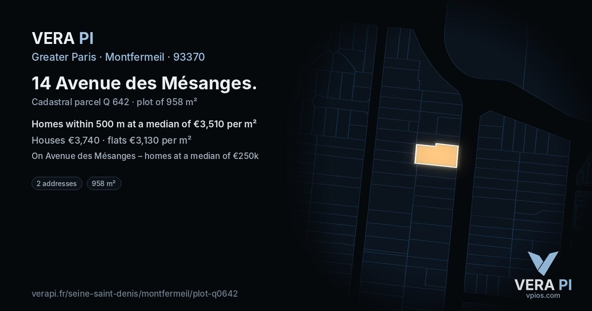 14 Avenue des Mésanges, Montfermeil at night – the plot lit, the parcels around coloured by the prices near them