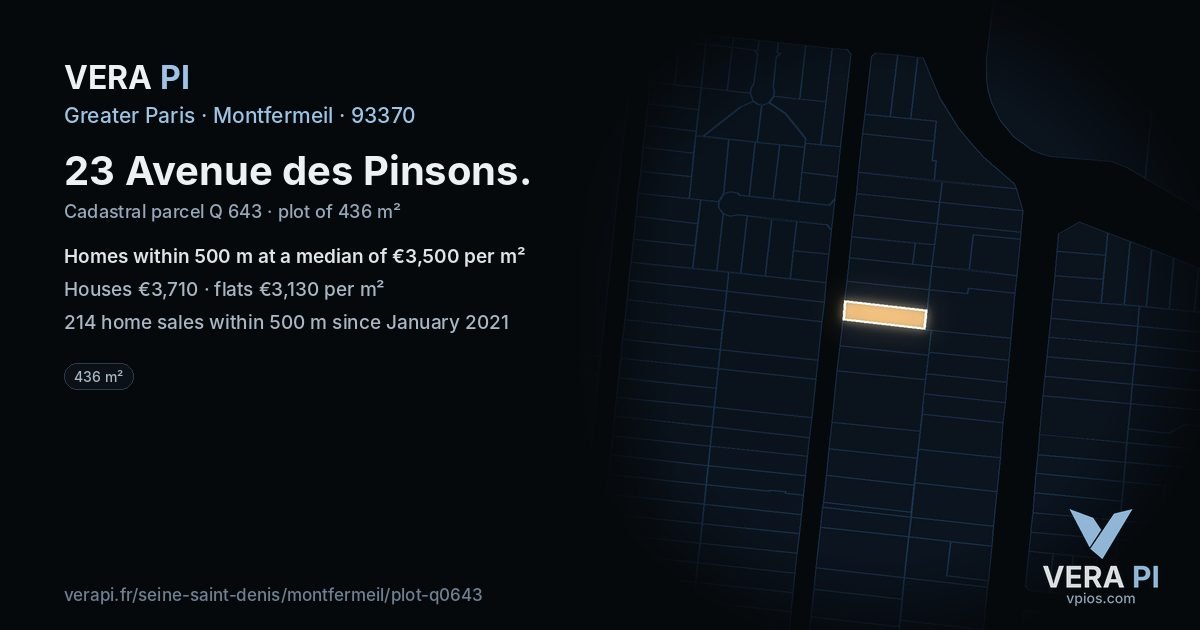 23 Avenue des Pinsons, Montfermeil at night – the plot lit, the parcels around coloured by the prices near them