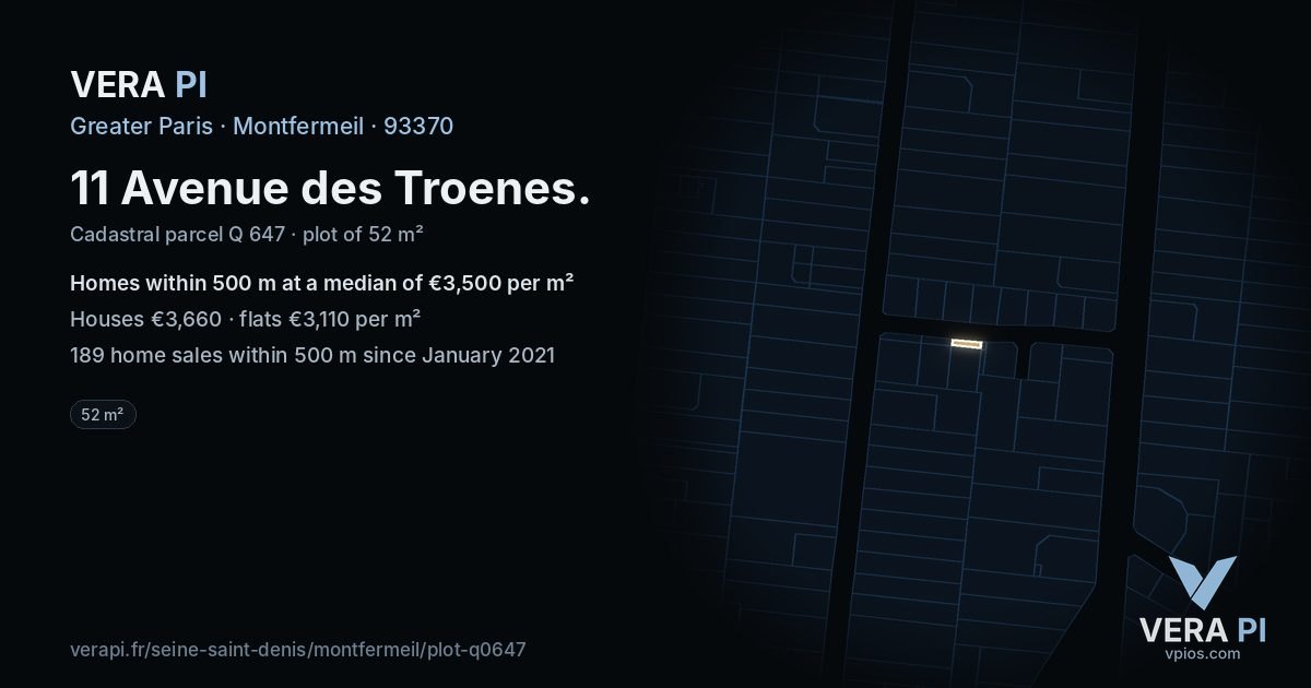11 Avenue des Troenes, Montfermeil at night – the plot lit, the parcels around coloured by the prices near them