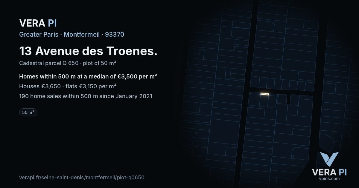 13 Avenue des Troenes, Montfermeil at night – the plot lit, the parcels around coloured by the prices near them