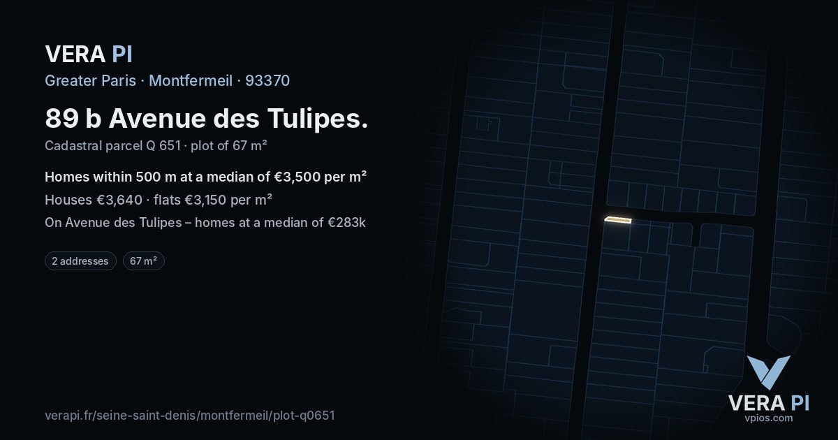 89 b Avenue des Tulipes, Montfermeil at night – the plot lit, the parcels around coloured by the prices near them