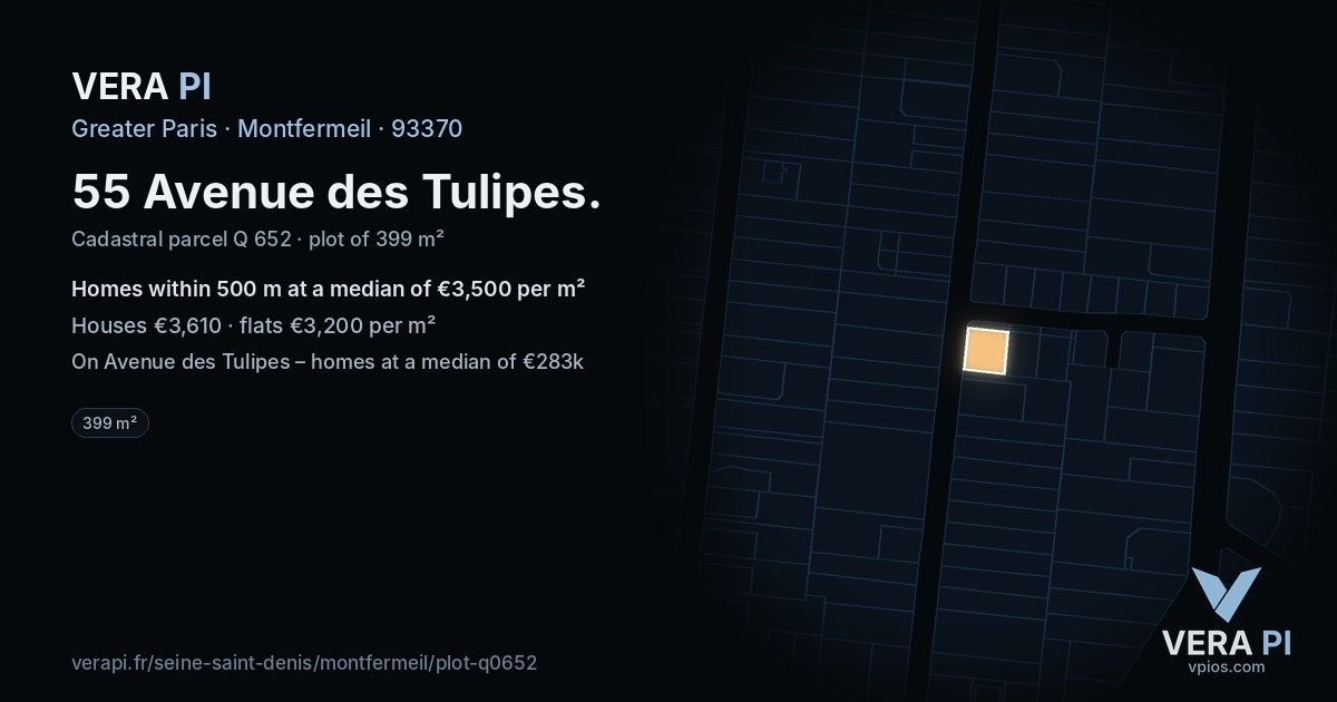 55 Avenue des Tulipes, Montfermeil at night – the plot lit, the parcels around coloured by the prices near them