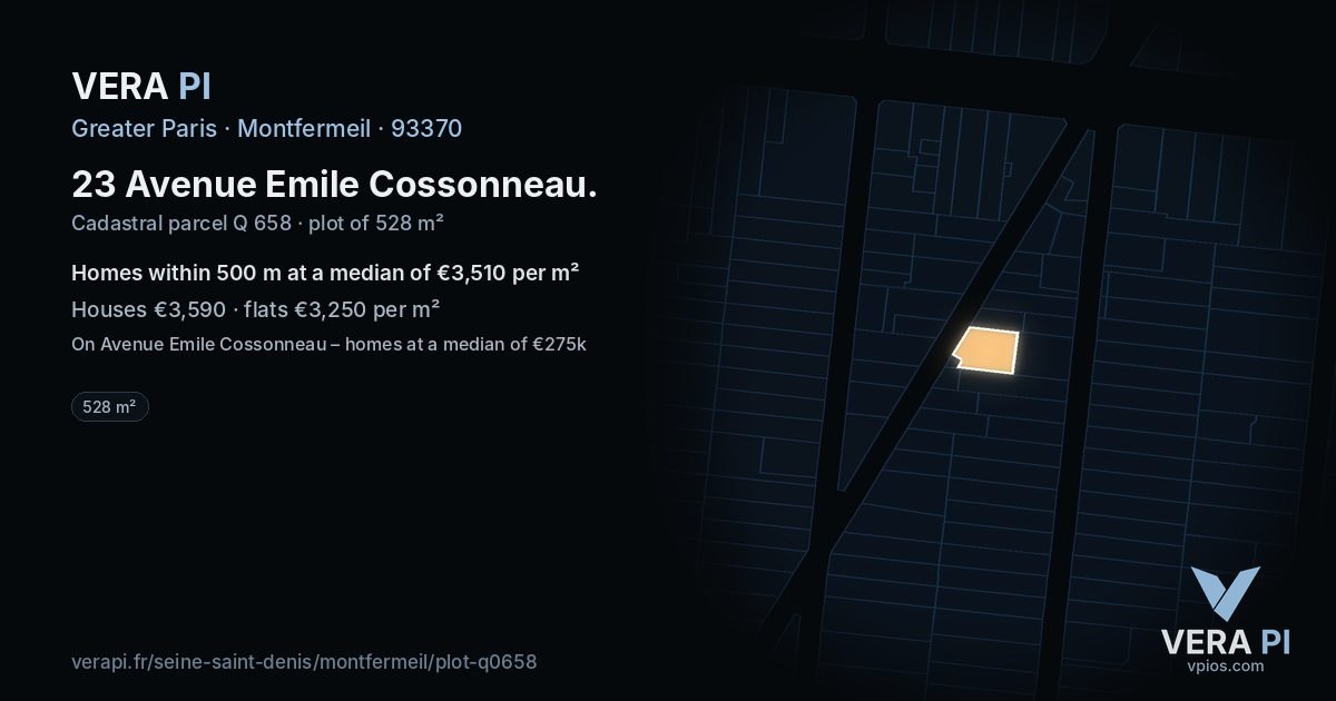 23 Avenue Emile Cossonneau, Montfermeil at night – the plot lit, the parcels around coloured by the prices near them