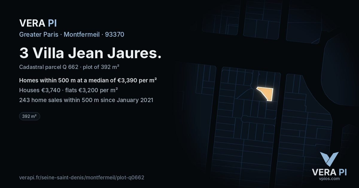 3 Villa Jean Jaures, Montfermeil at night – the plot lit, the parcels around coloured by the prices near them