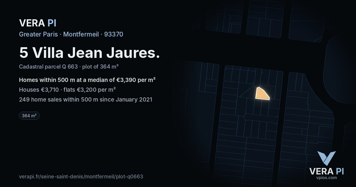 5 Villa Jean Jaures, Montfermeil at night – the plot lit, the parcels around coloured by the prices near them
