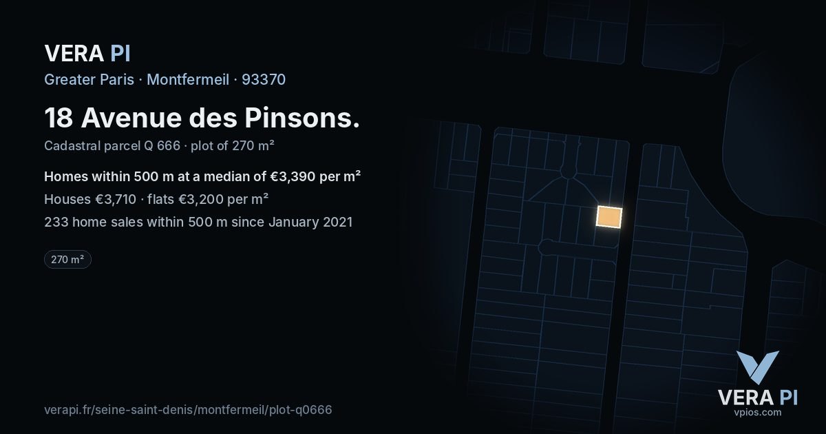 18 Avenue des Pinsons, Montfermeil at night – the plot lit, the parcels around coloured by the prices near them