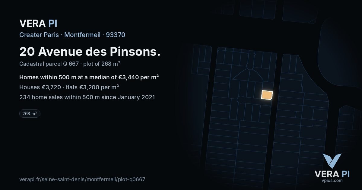 20 Avenue des Pinsons, Montfermeil at night – the plot lit, the parcels around coloured by the prices near them