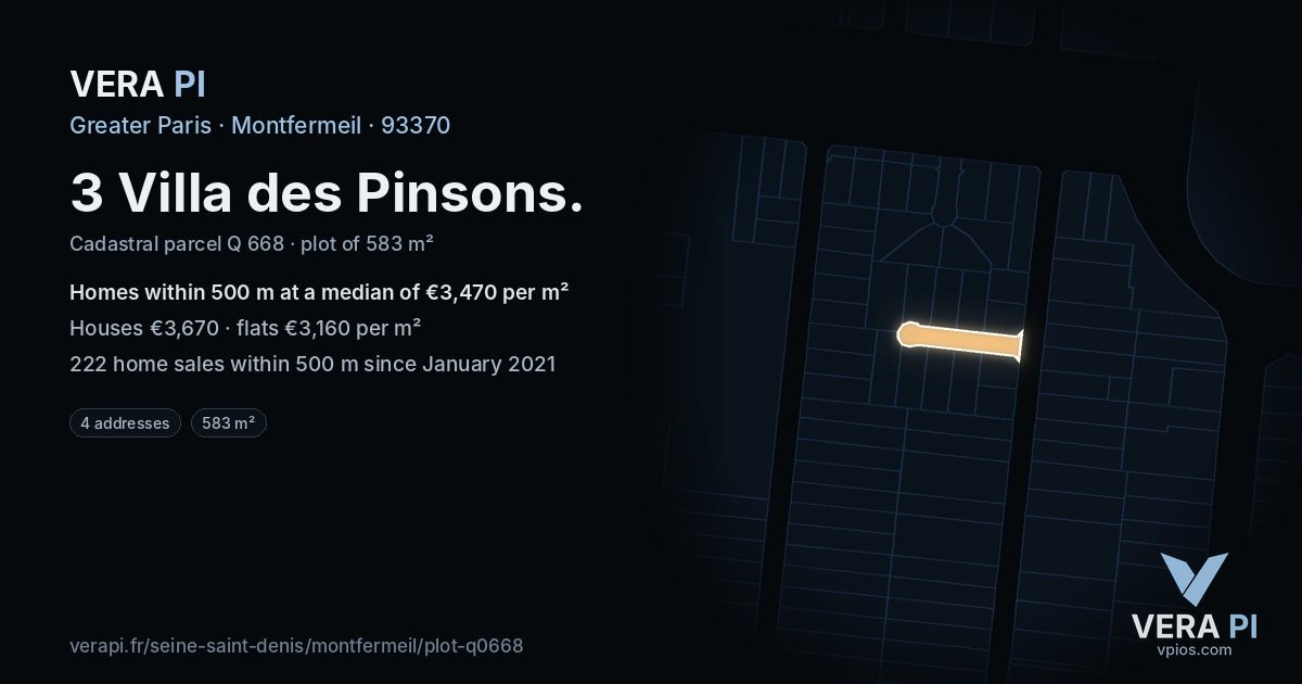 3 Villa des Pinsons, Montfermeil at night – the plot lit, the parcels around coloured by the prices near them