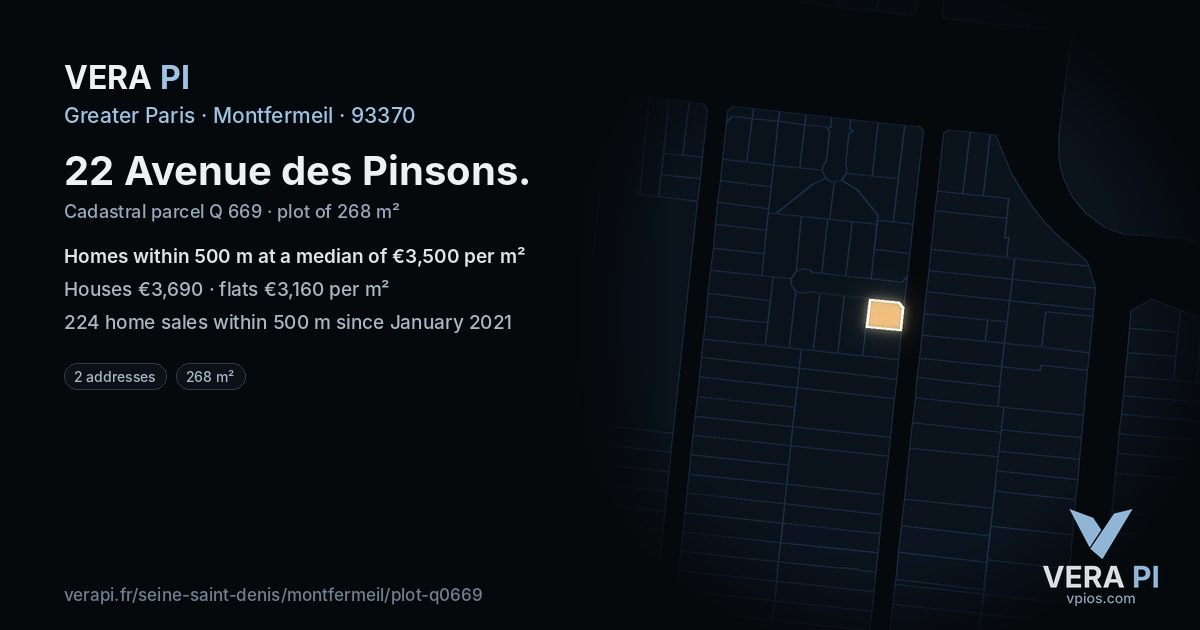 22 Avenue des Pinsons, Montfermeil at night – the plot lit, the parcels around coloured by the prices near them