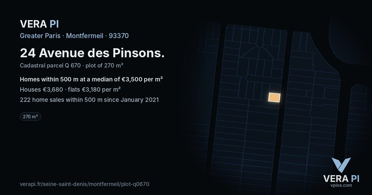 24 Avenue des Pinsons, Montfermeil at night – the plot lit, the parcels around coloured by the prices near them