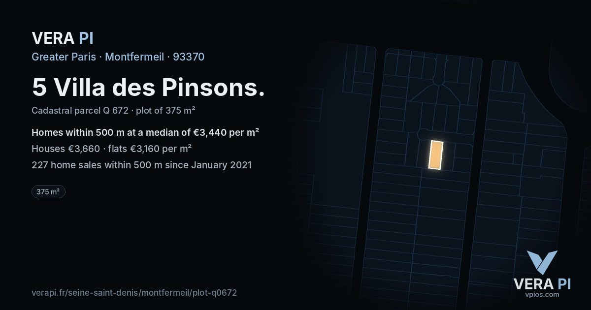 5 Villa des Pinsons, Montfermeil at night – the plot lit, the parcels around coloured by the prices near them
