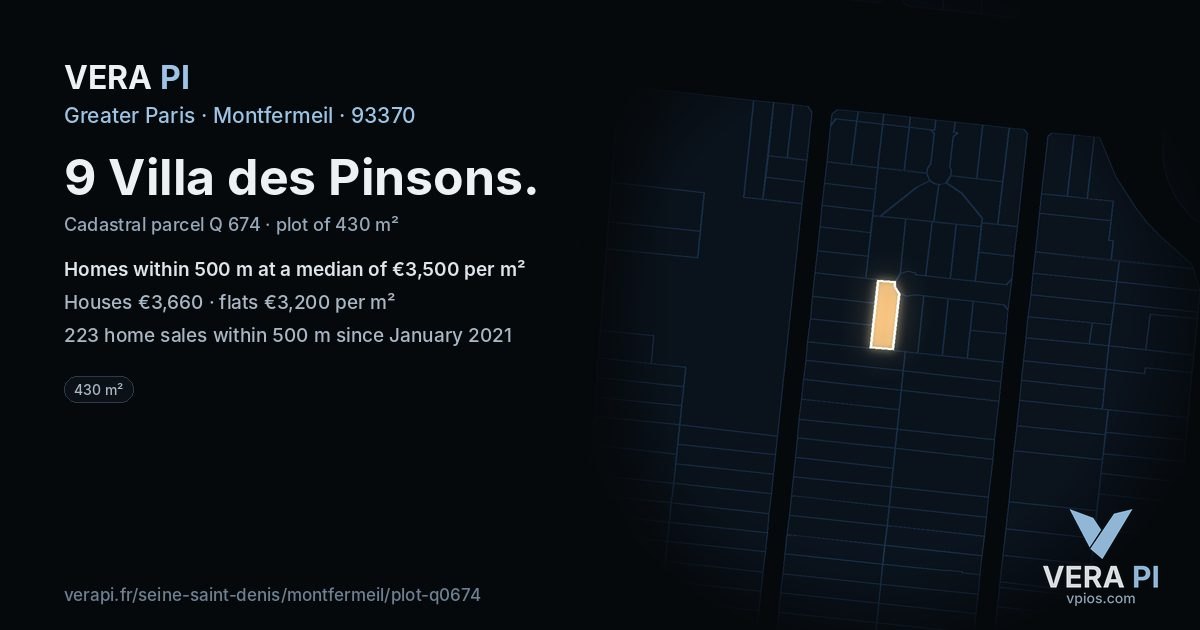 9 Villa des Pinsons, Montfermeil at night – the plot lit, the parcels around coloured by the prices near them