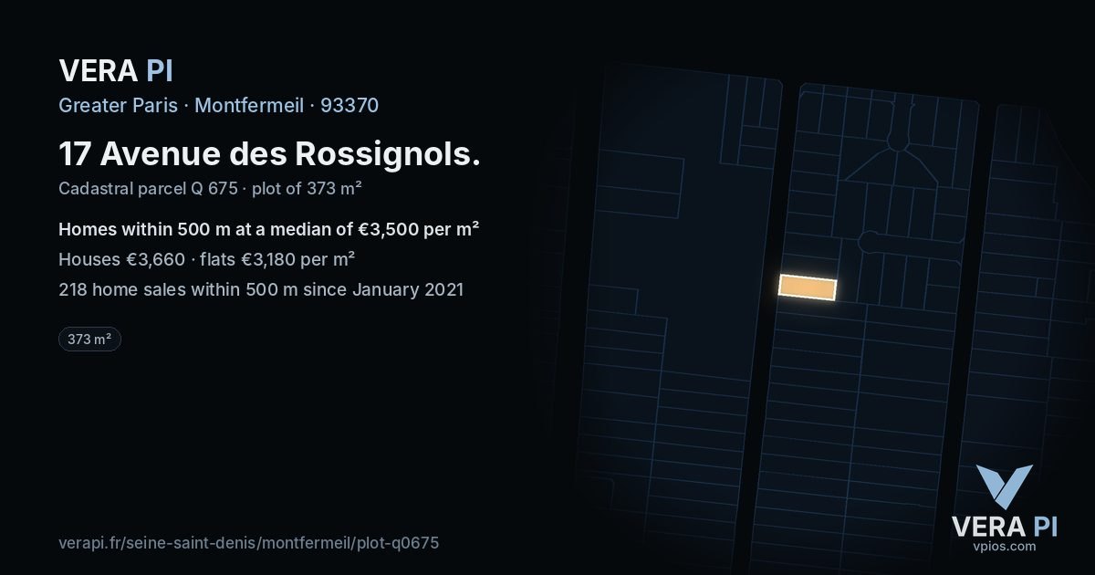 17 Avenue des Rossignols, Montfermeil at night – the plot lit, the parcels around coloured by the prices near them
