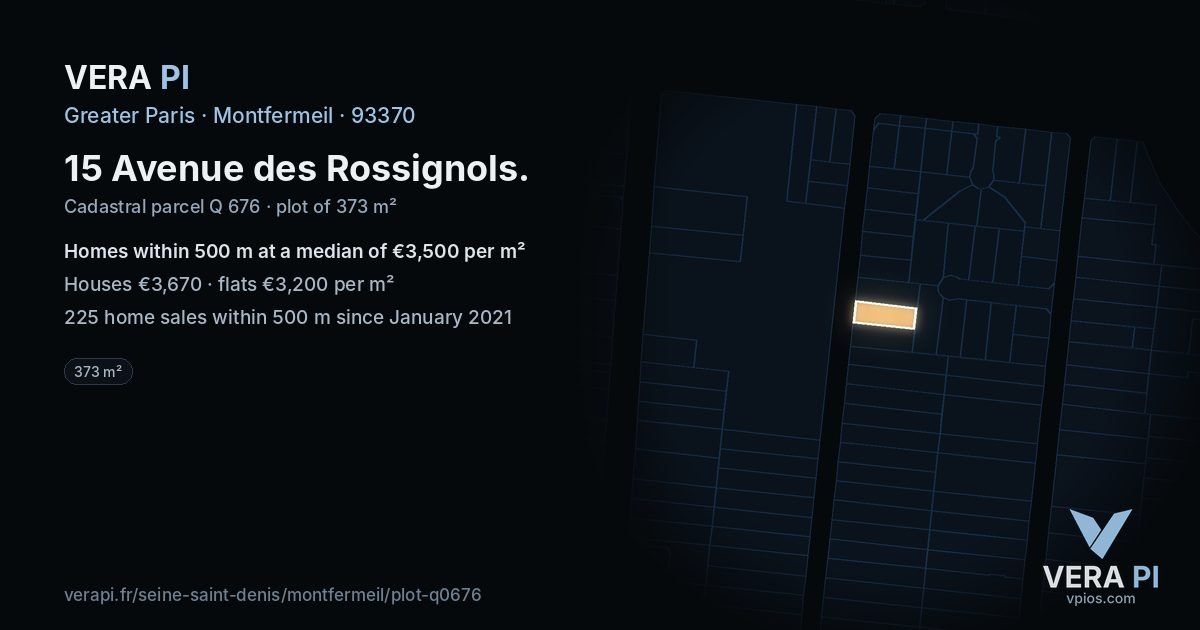 15 Avenue des Rossignols, Montfermeil at night – the plot lit, the parcels around coloured by the prices near them
