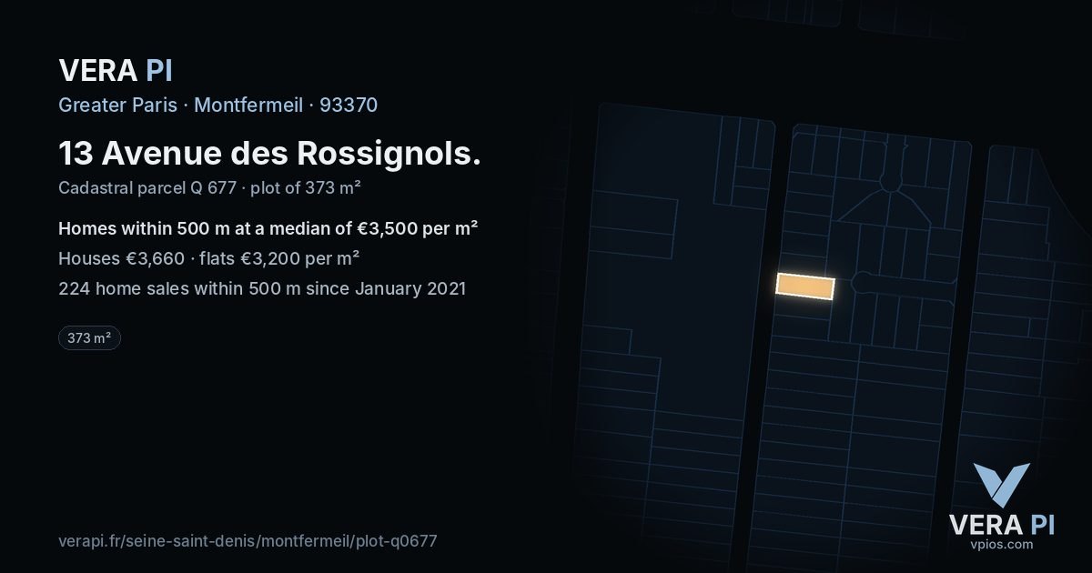 13 Avenue des Rossignols, Montfermeil at night – the plot lit, the parcels around coloured by the prices near them