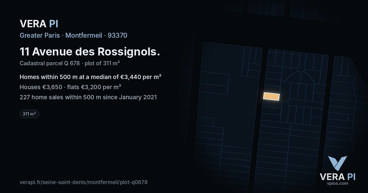 11 Avenue des Rossignols, Montfermeil at night – the plot lit, the parcels around coloured by the prices near them