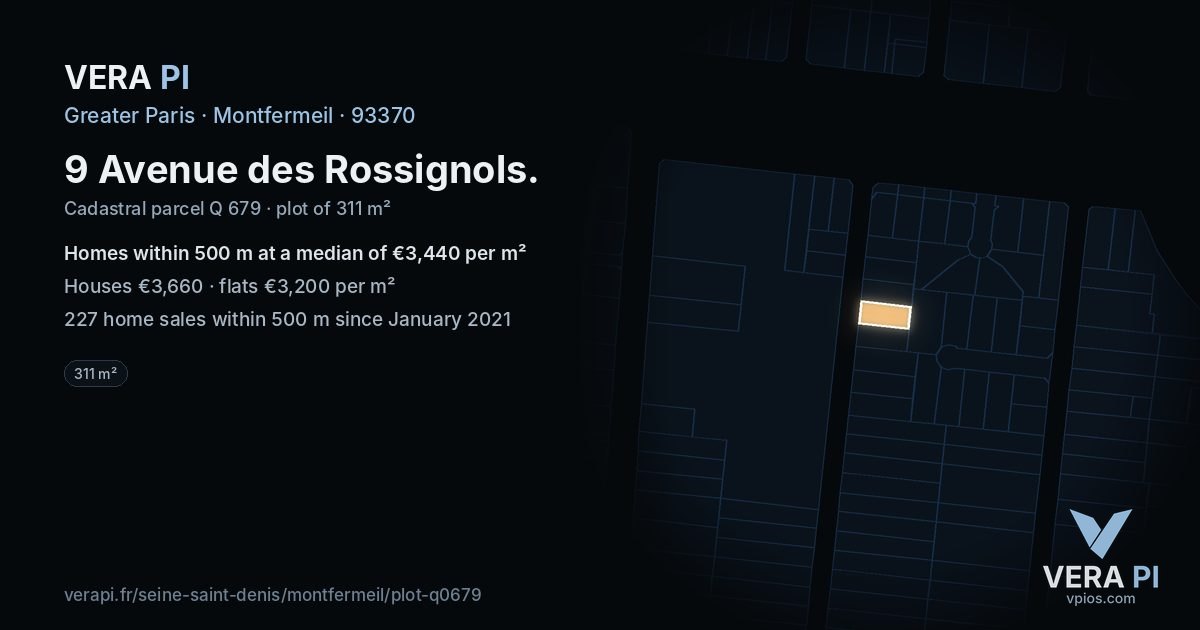 9 Avenue des Rossignols, Montfermeil at night – the plot lit, the parcels around coloured by the prices near them