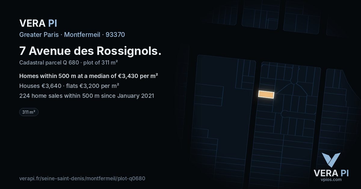 7 Avenue des Rossignols, Montfermeil at night – the plot lit, the parcels around coloured by the prices near them
