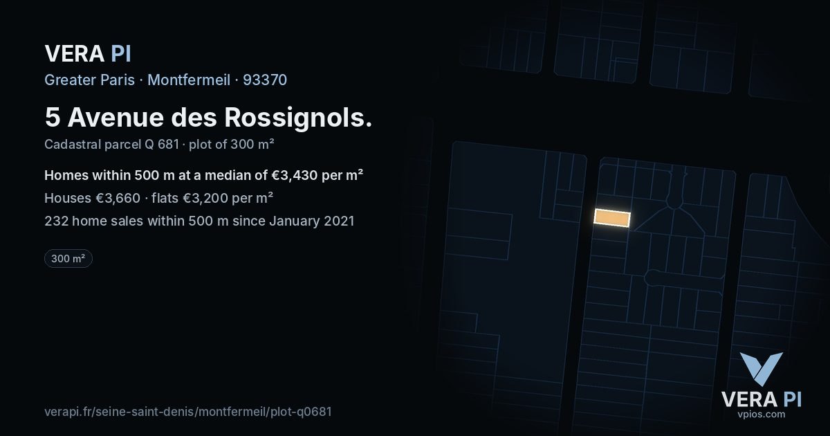 5 Avenue des Rossignols, Montfermeil at night – the plot lit, the parcels around coloured by the prices near them