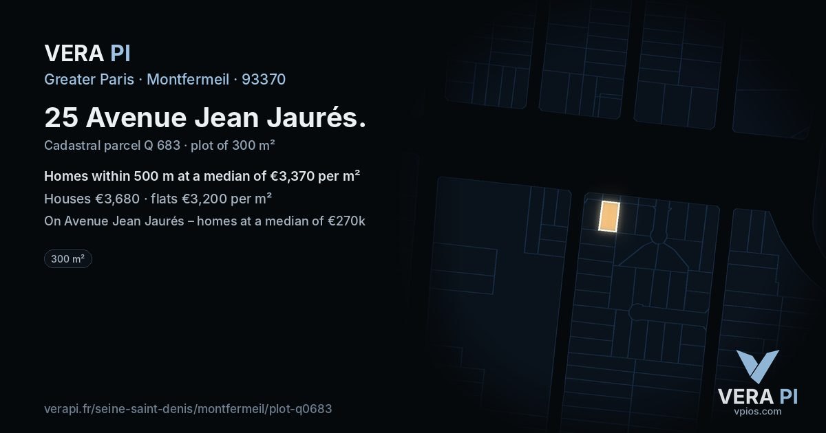 25 Avenue Jean Jaurés, Montfermeil at night – the plot lit, the parcels around coloured by the prices near them