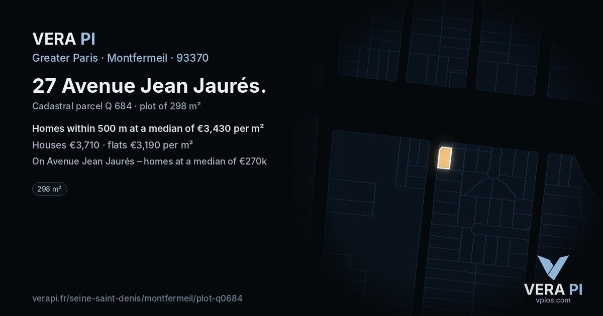 27 Avenue Jean Jaurés, Montfermeil at night – the plot lit, the parcels around coloured by the prices near them