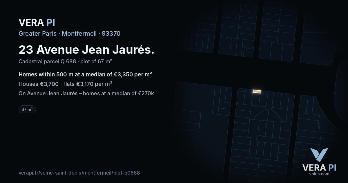 23 Avenue Jean Jaurés, Montfermeil at night – the plot lit, the parcels around coloured by the prices near them