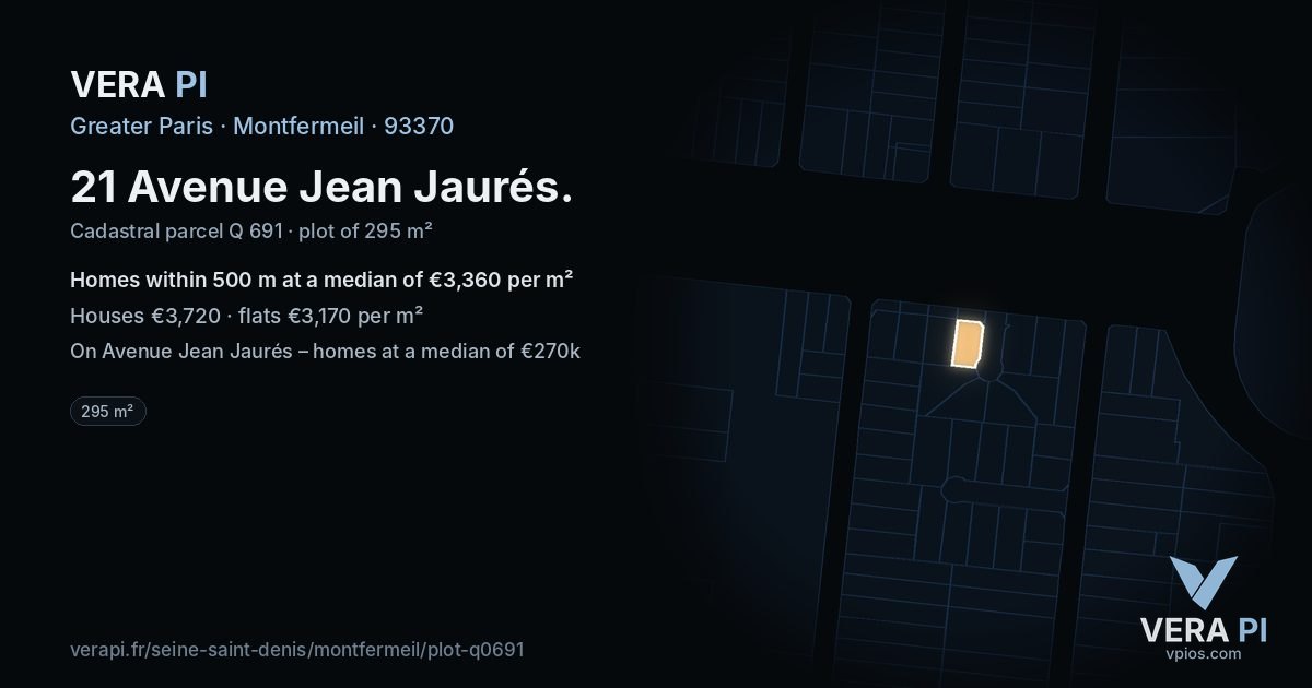 21 Avenue Jean Jaurés, Montfermeil at night – the plot lit, the parcels around coloured by the prices near them