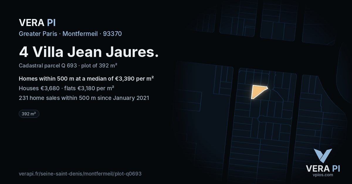 4 Villa Jean Jaures, Montfermeil at night – the plot lit, the parcels around coloured by the prices near them