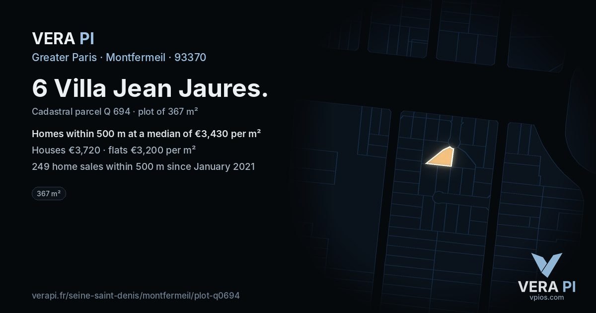 6 Villa Jean Jaures, Montfermeil at night – the plot lit, the parcels around coloured by the prices near them