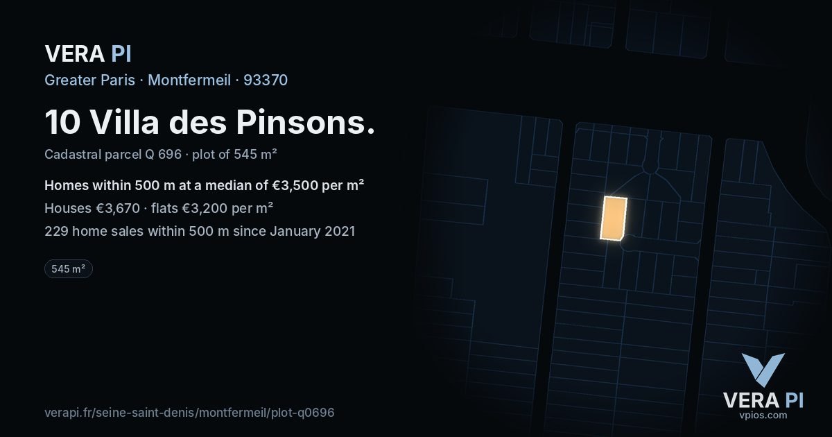 10 Villa des Pinsons, Montfermeil at night – the plot lit, the parcels around coloured by the prices near them